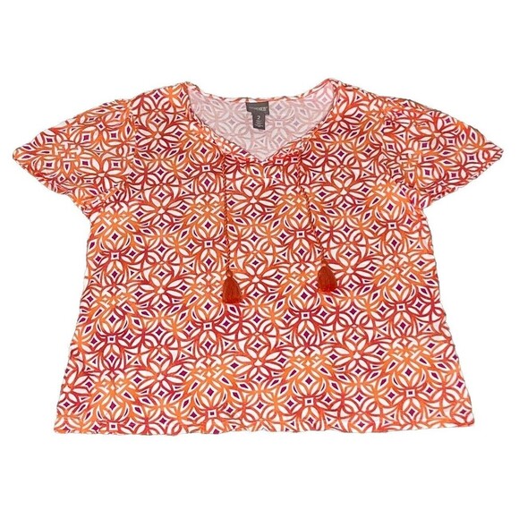Chicos 2 Tunic Top Shirt Stretch Size L Pullover Orange‎ White Cotton Blend - Picture 1 of 7